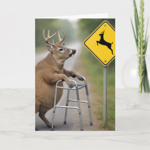 Old Birthday Buck Leaning On a Walker Card
