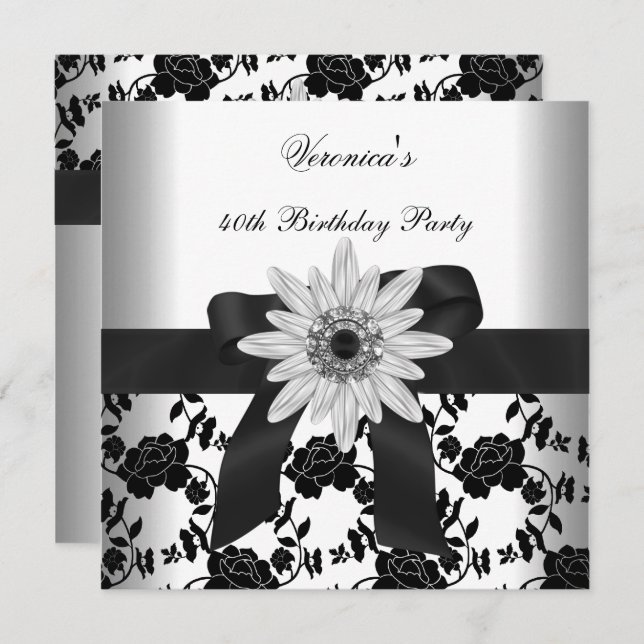 OLD Birthday Party Black White Flower Diamond Invitation (Front/Back)