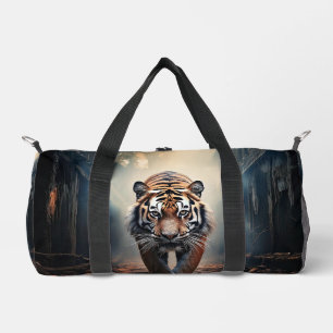 Old black and orange tiger in a surreal forest duffle bag