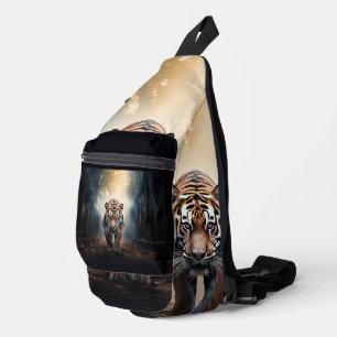Old black and orange tiger in a surreal forest sling bag