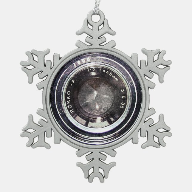 Old black camera snowflake pewter christmas ornament (Front)