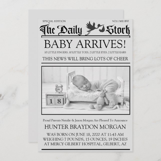 Old Black & White Style Newsletter Birth Announce Invitation (Front/Back)