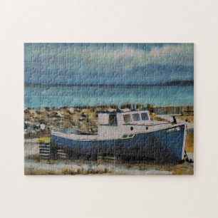 Old Blue Abandoned Boat In Newfoundland Jigsaw Puzzle