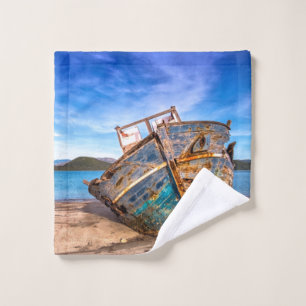 Old Blue Boat by the Seashore Bath Towel Set