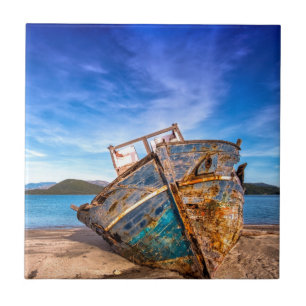 Old Blue Boat by the Seashore Ceramic Tile