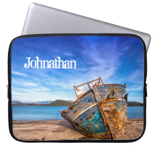 Old Blue Boat by the Seashore Laptop Sleeve