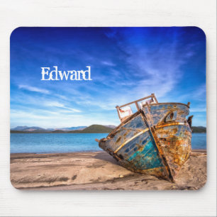 Old Blue Boat by the Seashore Mouse Pad