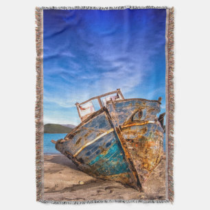 Old Blue Boat by the Seashore Throw Blanket