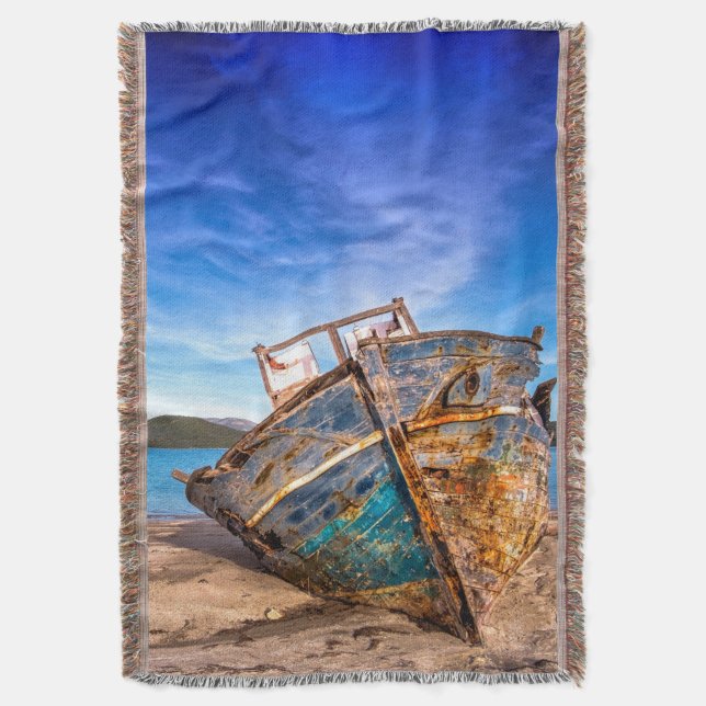 Old Blue Boat by the Seashore Throw Blanket (Front Vertical)