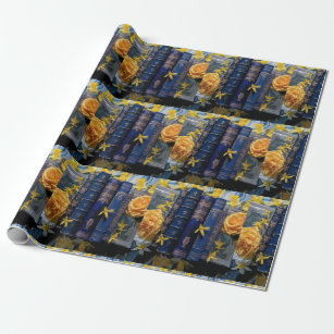 Old Blue Books & Yellow Blossoms Wrapping Paper