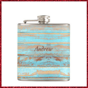 Old Blue Painted Wood Hip Flask