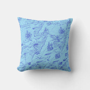 Old blue sea chart ships and compass cushion
