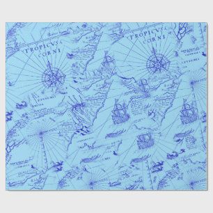 Old blue sea chart ships and compass wrapping paper