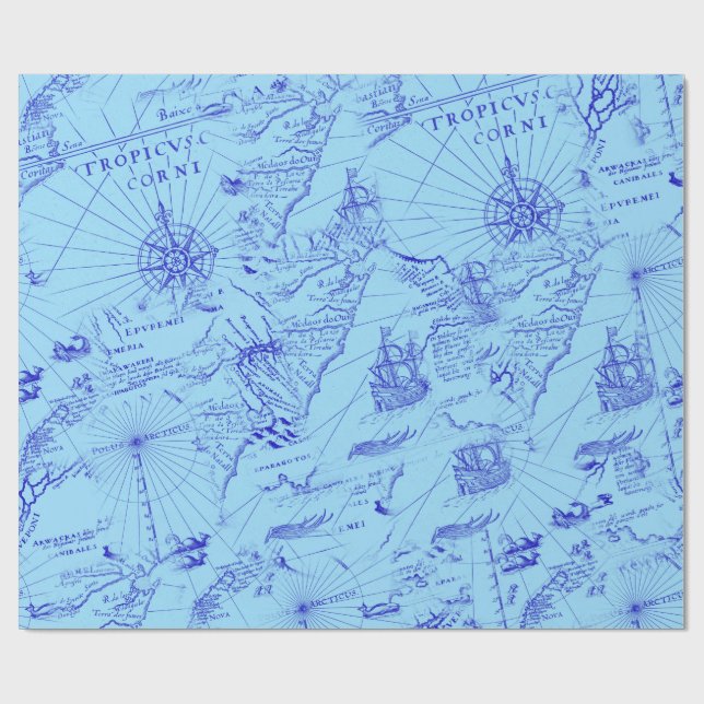 Old blue sea chart ships and compass wrapping paper (Flat)