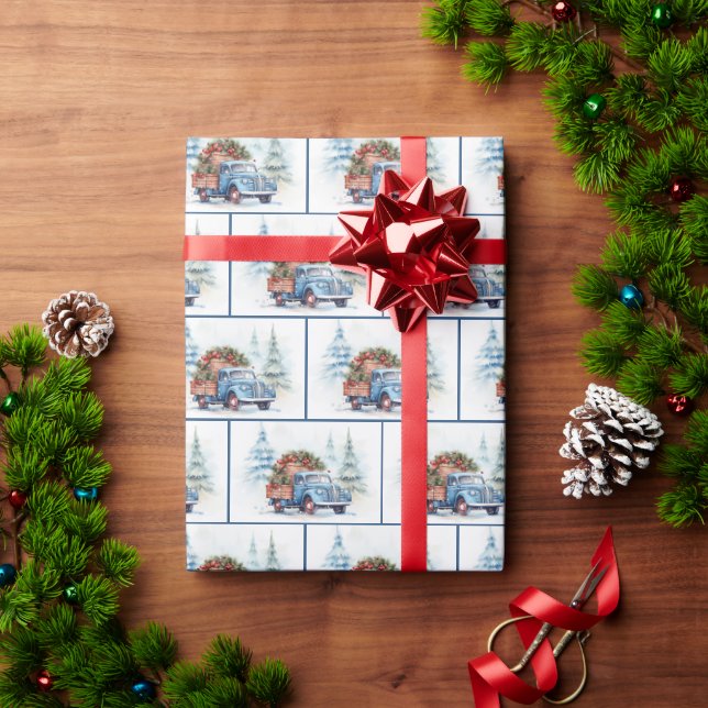 Old  Blue Truck With Christmas Pine Wrapping Paper (Holiday Gift)