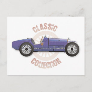 Old blue vintage racing car used on the track postcard