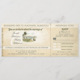 old boarding pass beach wedding invites with RSVP