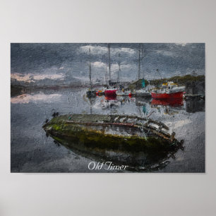 Old Boat in harbour sinking, oil painting Poster