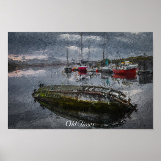 Old Boat in harbour sinking, oil painting Poster