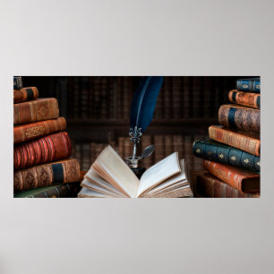 Old books, quill pen and vintage inkwell on wooden poster