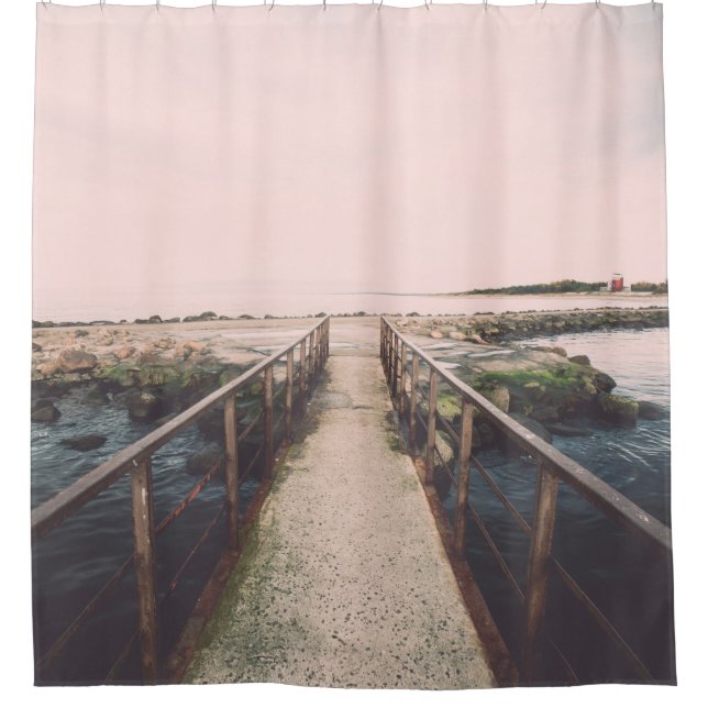 Old bridge with rusty metal rails near sea port. V Shower Curtain (Front)
