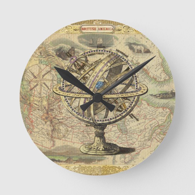 Old British America Explore Polar Bear Compass Map Round Clock (Front)