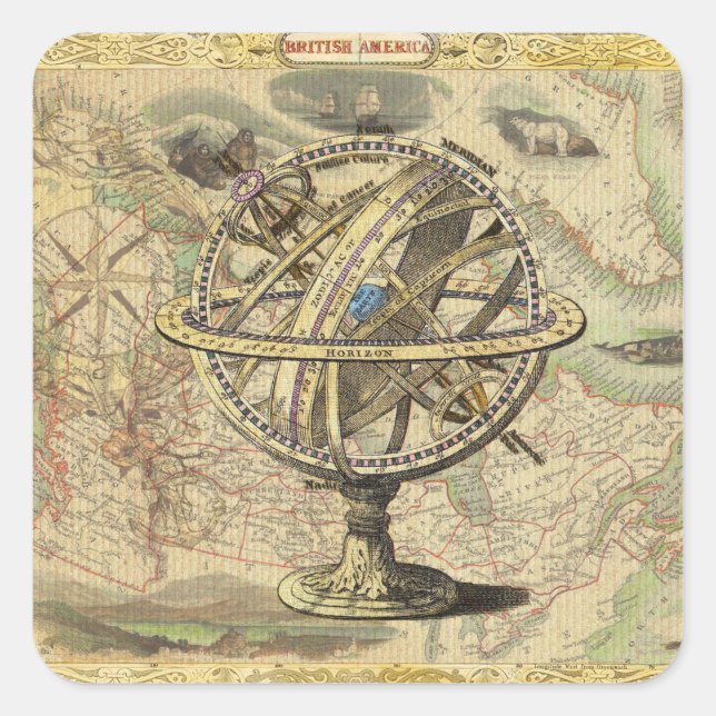 Old British America Explore Polar Bear Compass Map Square Sticker (Front)