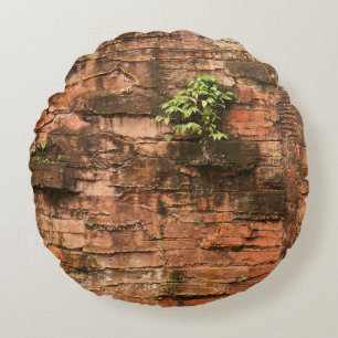 Old broken brick wall round cushion