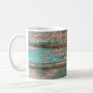Old brown-blue wooden background with peeling pain coffee mug