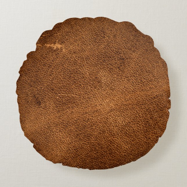Old brown leather round cushion (Front)