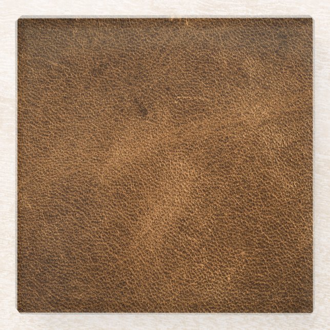 Old Brown Leather: Textured Background Glass Coaster (Front)