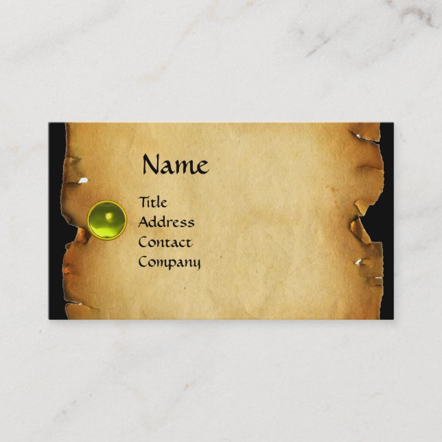 OLD BROWN PARCHMENT, GEM STONE, MONOGRAM Yellow Business Card (Front)