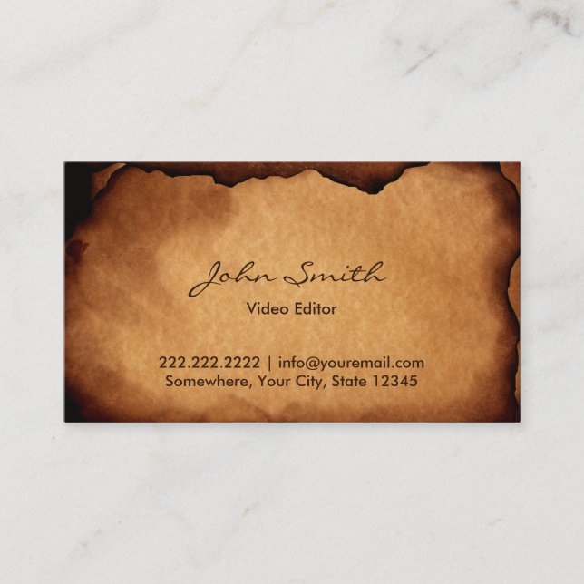 Old Burned Paper Video Editor Business Card (Front)
