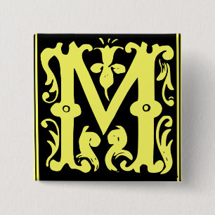 Old Calligraphy Letter M Square Button Pin