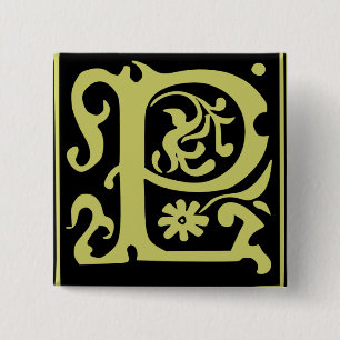 Old Calligraphy Letter P Square Button Pin
