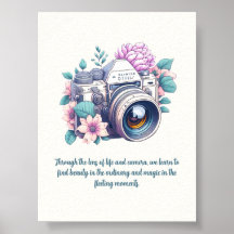 Old Camera With Flowers and Quote
