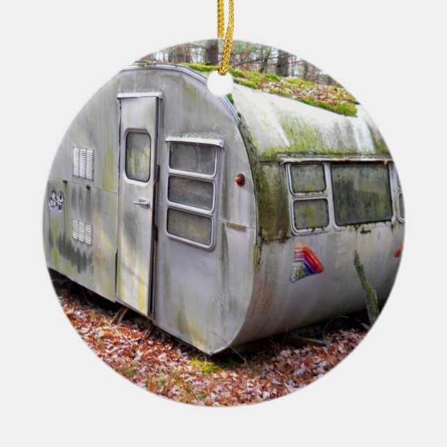 Old Camper in Woods Ceramic Tree Decoration (Front)