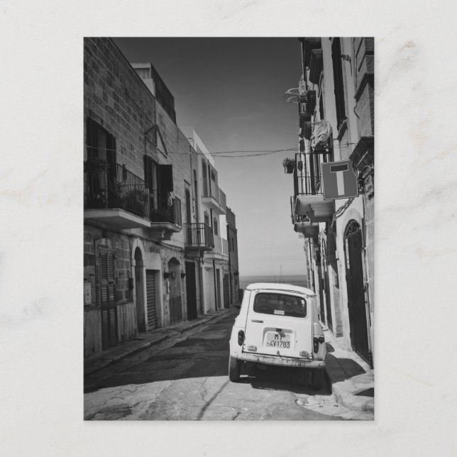 Old car in a street in Italy in black and white Postcard (Front)