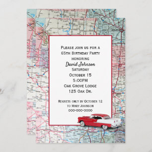 Old Car on Map 65th Birthday Invitation