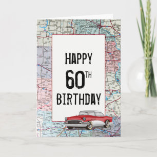 Old Car on Road Map 60th Birthday Card