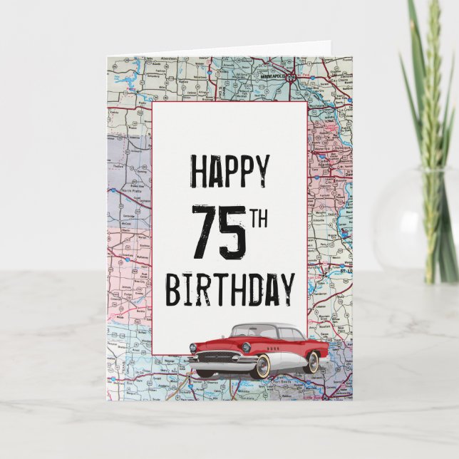 Old Car on Road Map 75th Birthday   Card (Front)