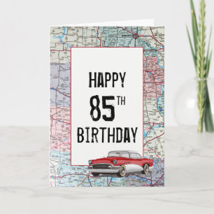 Old Car on Road Map 85th Birthday  Card