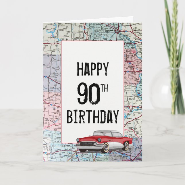Old Car on Road Map 90th Birthday  Card (Front)