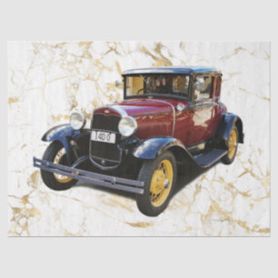 Old Car on White & Gold Marble, Decoupage Tissue Paper
