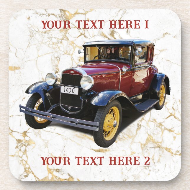Old Car on White & Gold Marble, Your Text Coaster (Front)