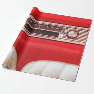 Old car radio inside a red classic American car wi Wrapping Paper