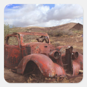 Old Car Rusting In Desert Landscape Square Sticker