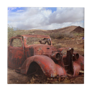 Old Car Rusting In Desert Landscape Tile