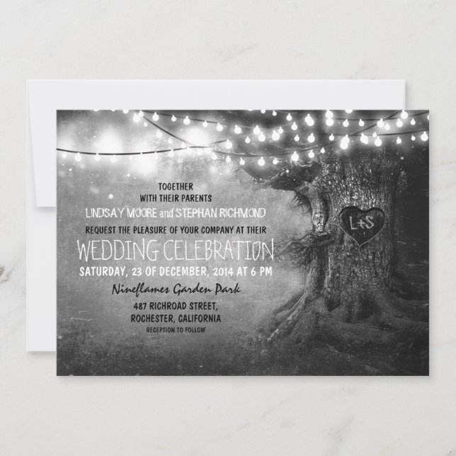 old carved tree twinkle lights rustic wedding invitation (Front)