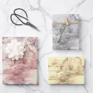 Old Castle Modern Red Toile de Jouy pattern Wrapping Paper Sheet